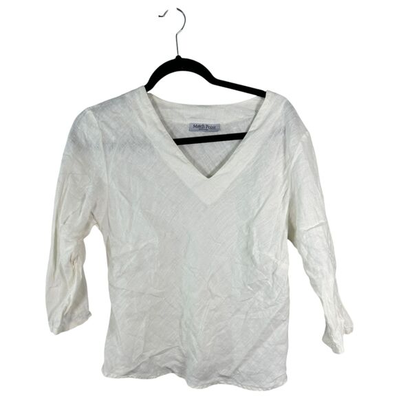 Match Point White Linen 3/4 Sleeve Cropped Blouse Size Small - Picture 1 of 3